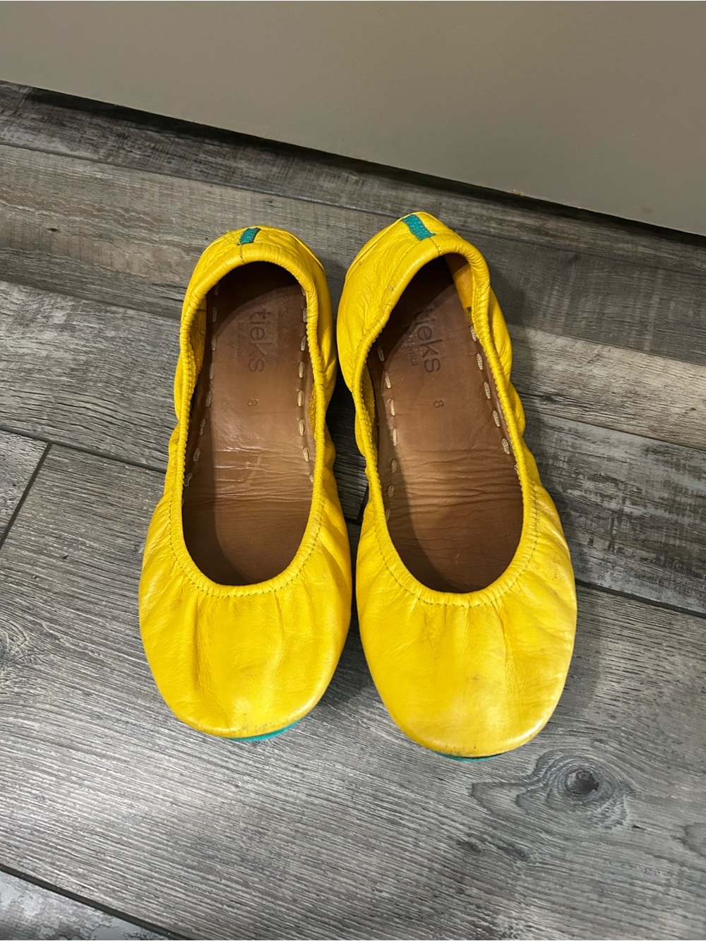 Tieks Mustard Yellow Leather Ballet Flats with Teal Sole Accent